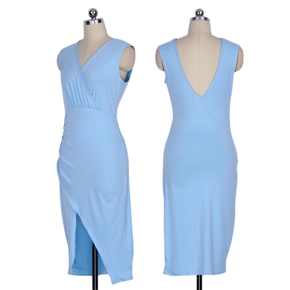 Powder Blue Bodycon Sleeveless Rouched Dress S - Picture 3 of 5
